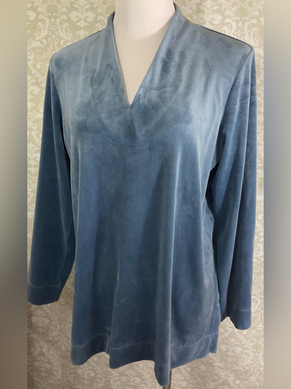 Pure Jill Women's Dusty Blue Velour V-Neck Long Sleeve Tunic Top Large Petite LP
